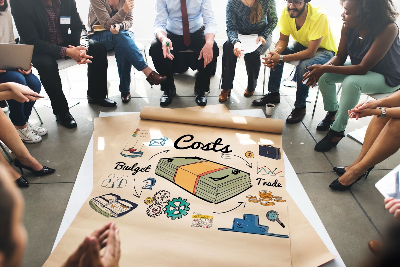 (A group of people sits in a circle discussing a large sheet on the floor with illustrations and the words "Cost analysing" in the center.)