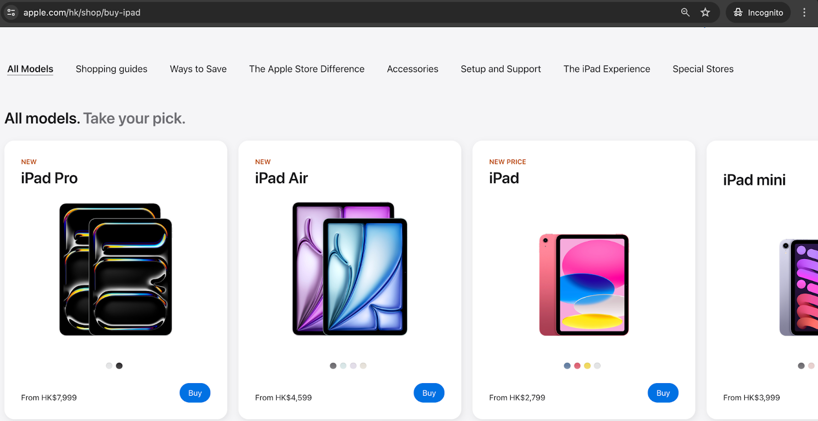 iPad Pricing in Hong Kong from Apple Official Website