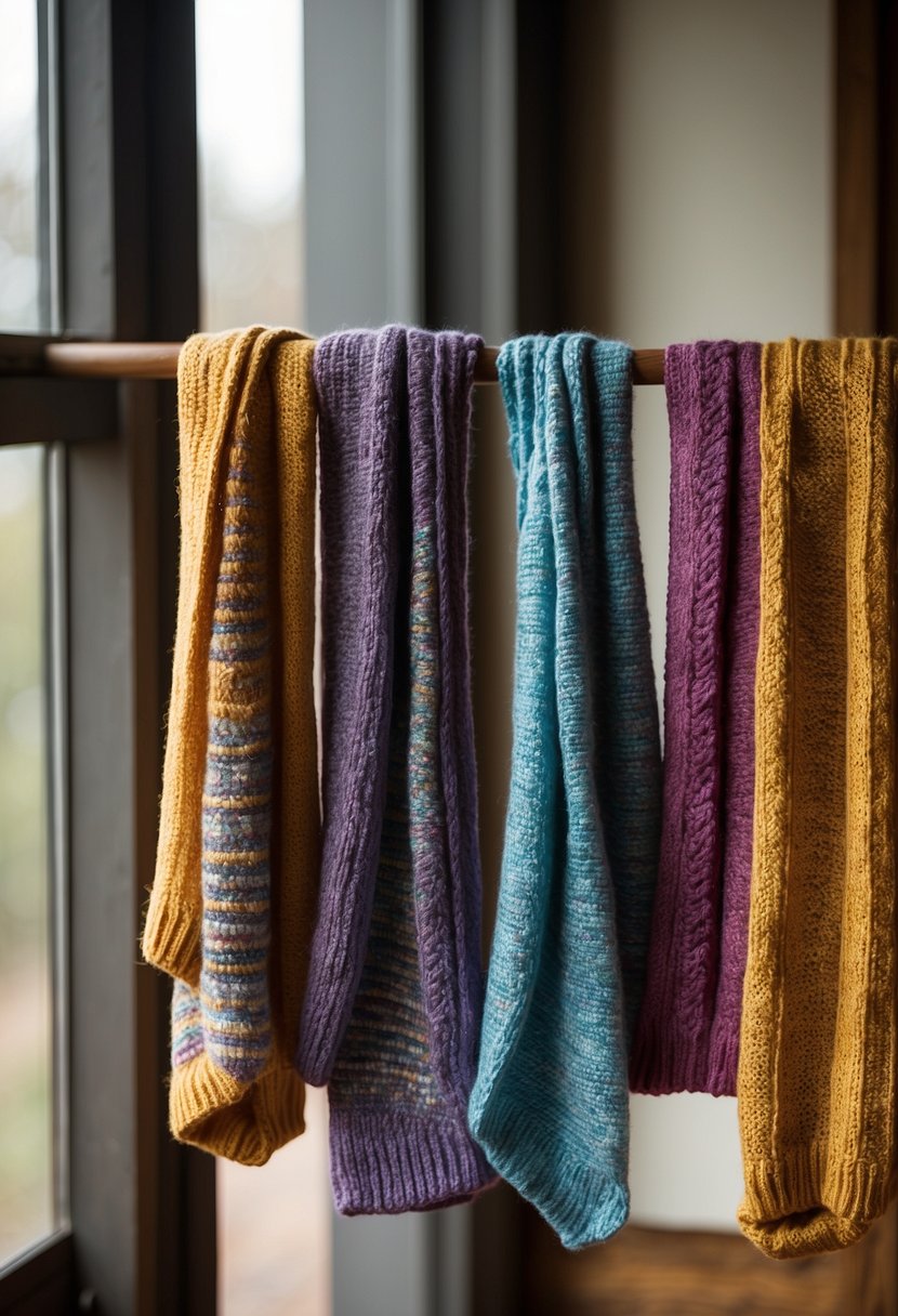 A colorful array of knitted scarves displayed on a rustic wooden table, with soft natural light streaming in from a nearby window