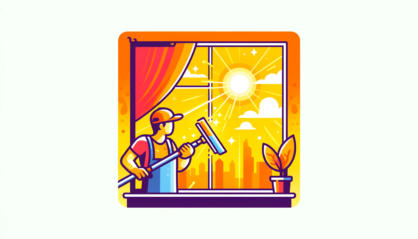 Illustration of window cleaning in summer. The image shows a person cleaning windows with bright sun and clear skies in the background. The color scheme is warm and sunny to represent the vibrancy of summer.