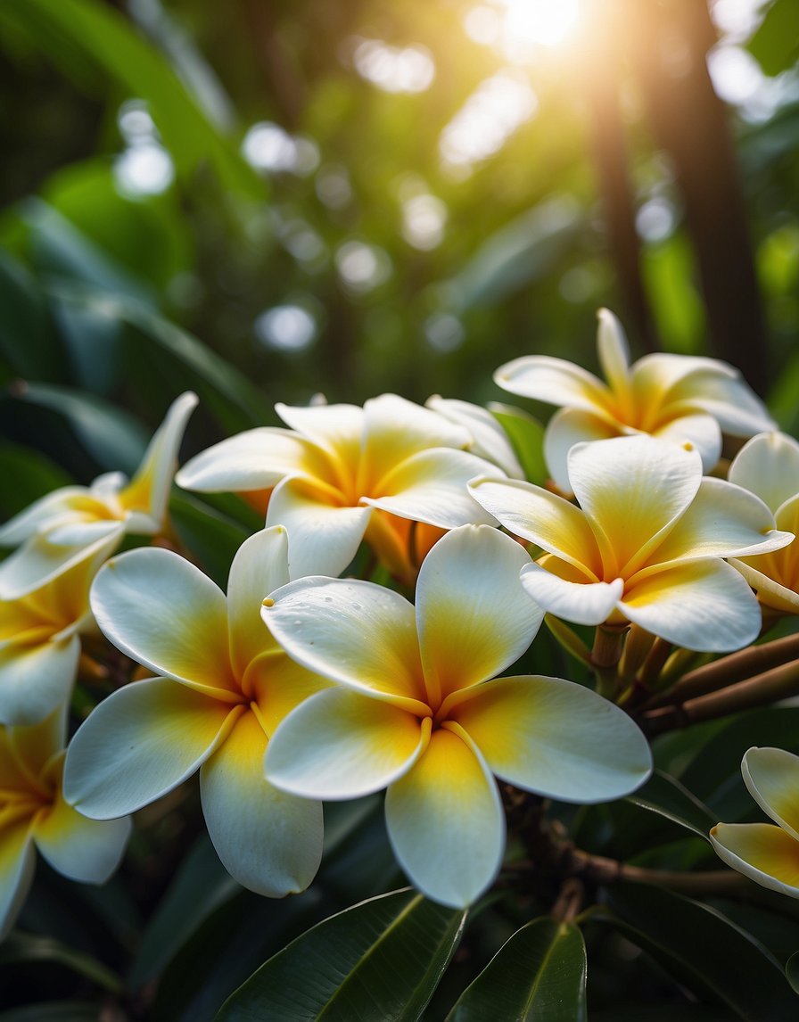 A garden filled with colorful frangipani flowers, emitting a sweet and fragrant scent, surrounded by lush greenery and basking in the warm sunlight