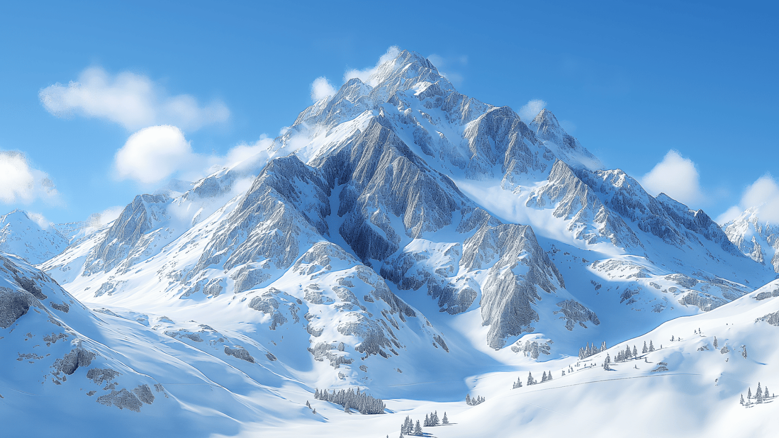 The snow-covered peaks of a massive mountain in one of the highest mountains in Europe