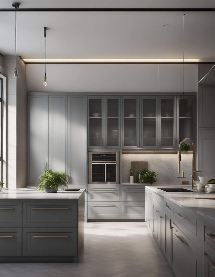 Glass front gray cabinets line the walls of a light gray kitchen, creating a modern and sleek look