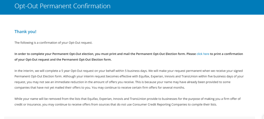 Screenshot of Innovis opt out confirmation