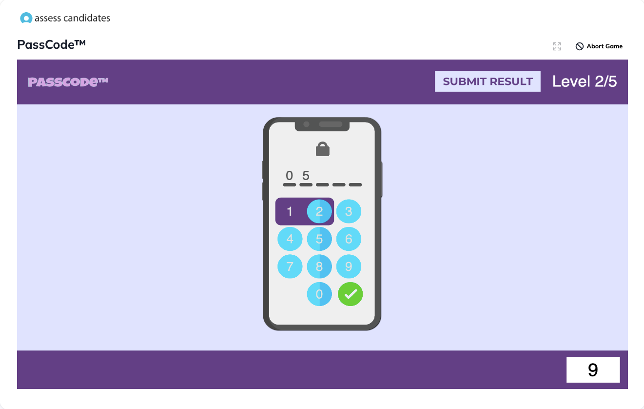 assess candidates passcode game example