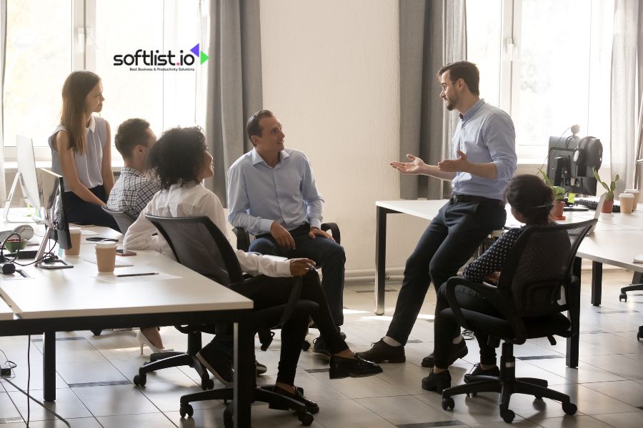 Group of colleagues having a meeting in a modern office space