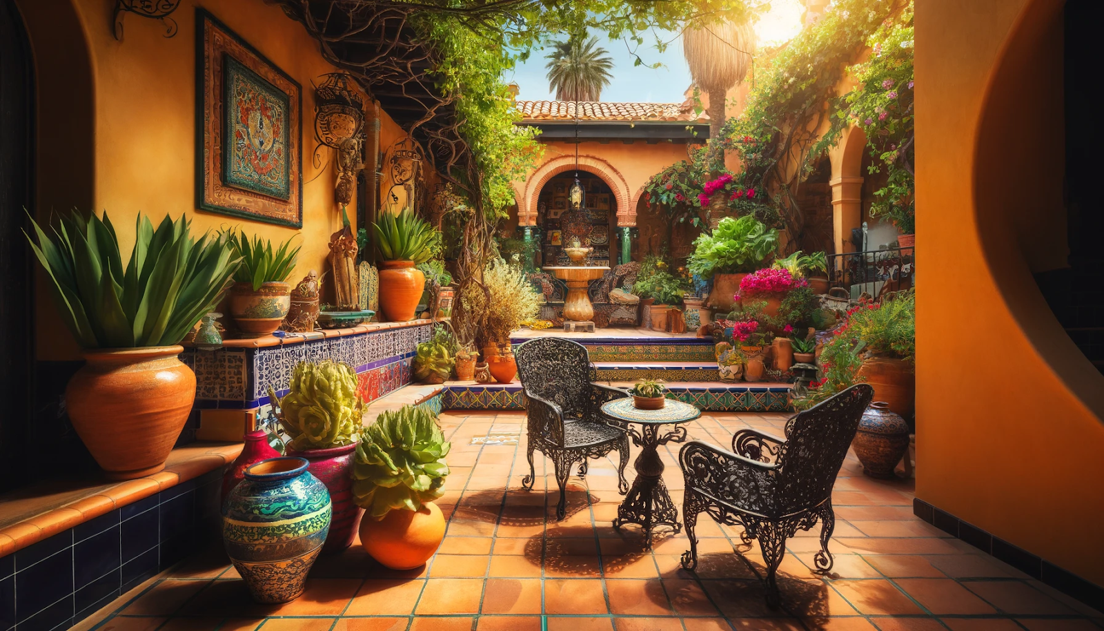 a patio with plants and a fountain