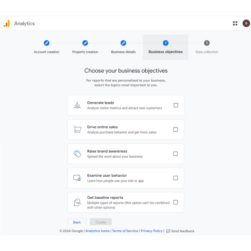 Choose your business objectives page on Google Analytics