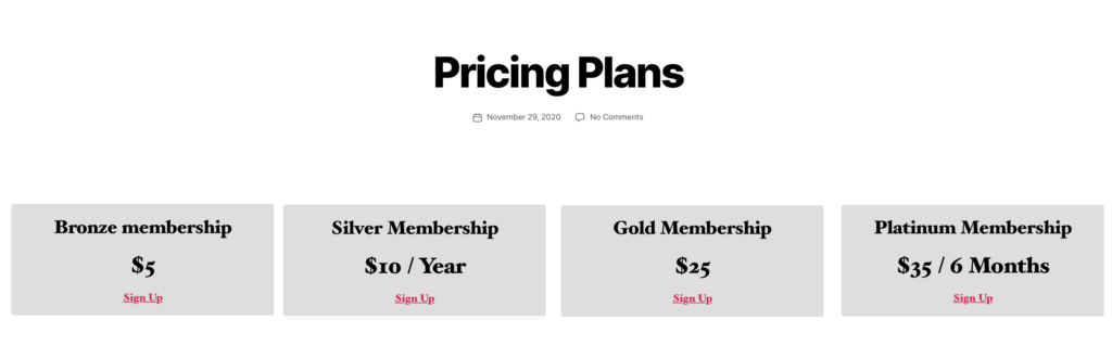 A MemberPress pricing page on a WordPress membership website. 