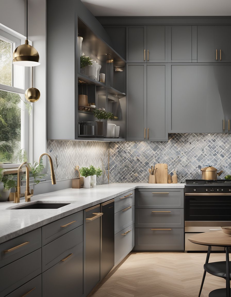 The kitchen features sleek gray cabinets with a patterned backsplash, creating a modern and stylish aesthetic