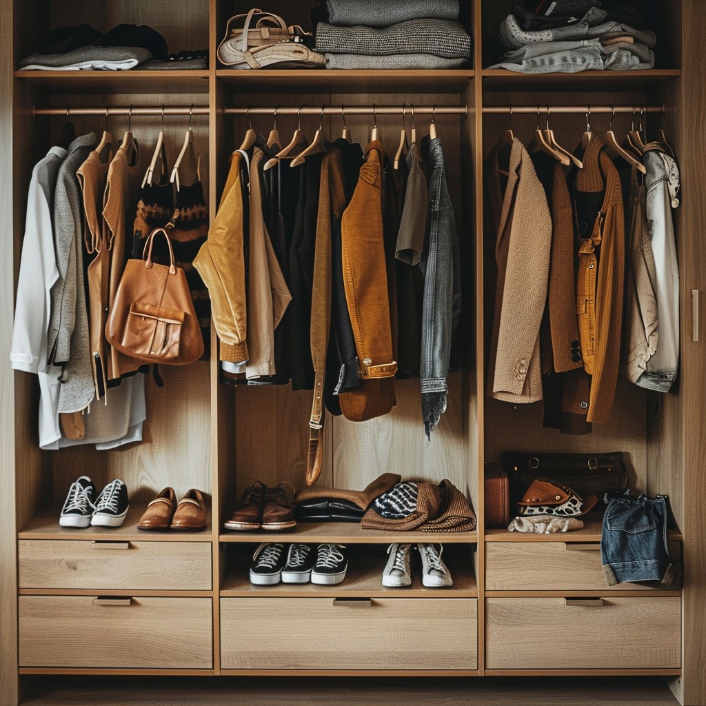 organised minimalist wardrobe. men clothing style, fashion