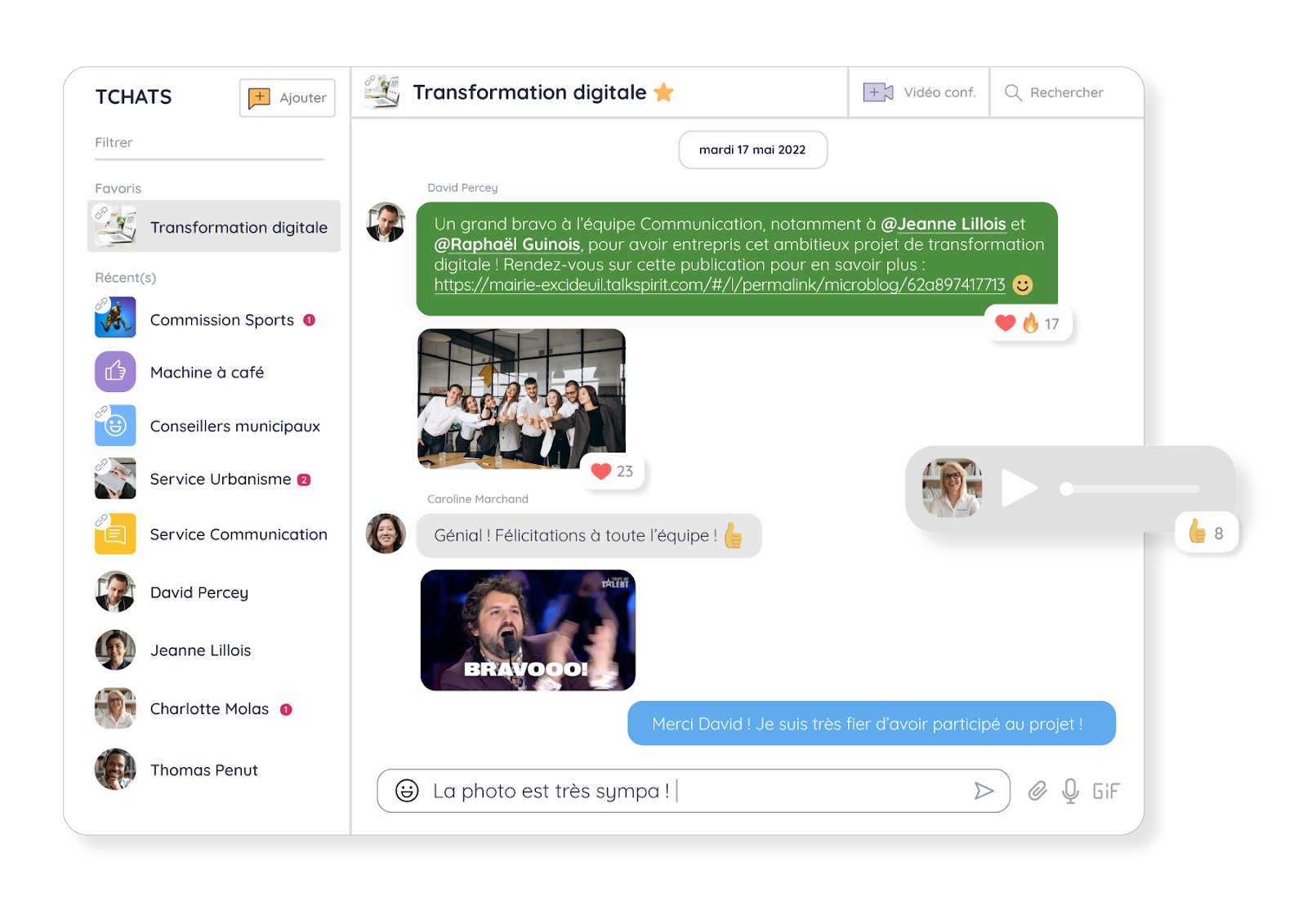 Exemple de conversation sur Talkspirit d’une communauté d’entreprise autour de la transformation digitale