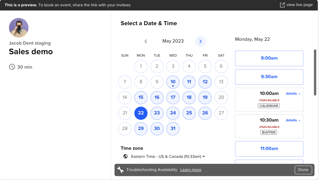 Calendly's buffer times feature.