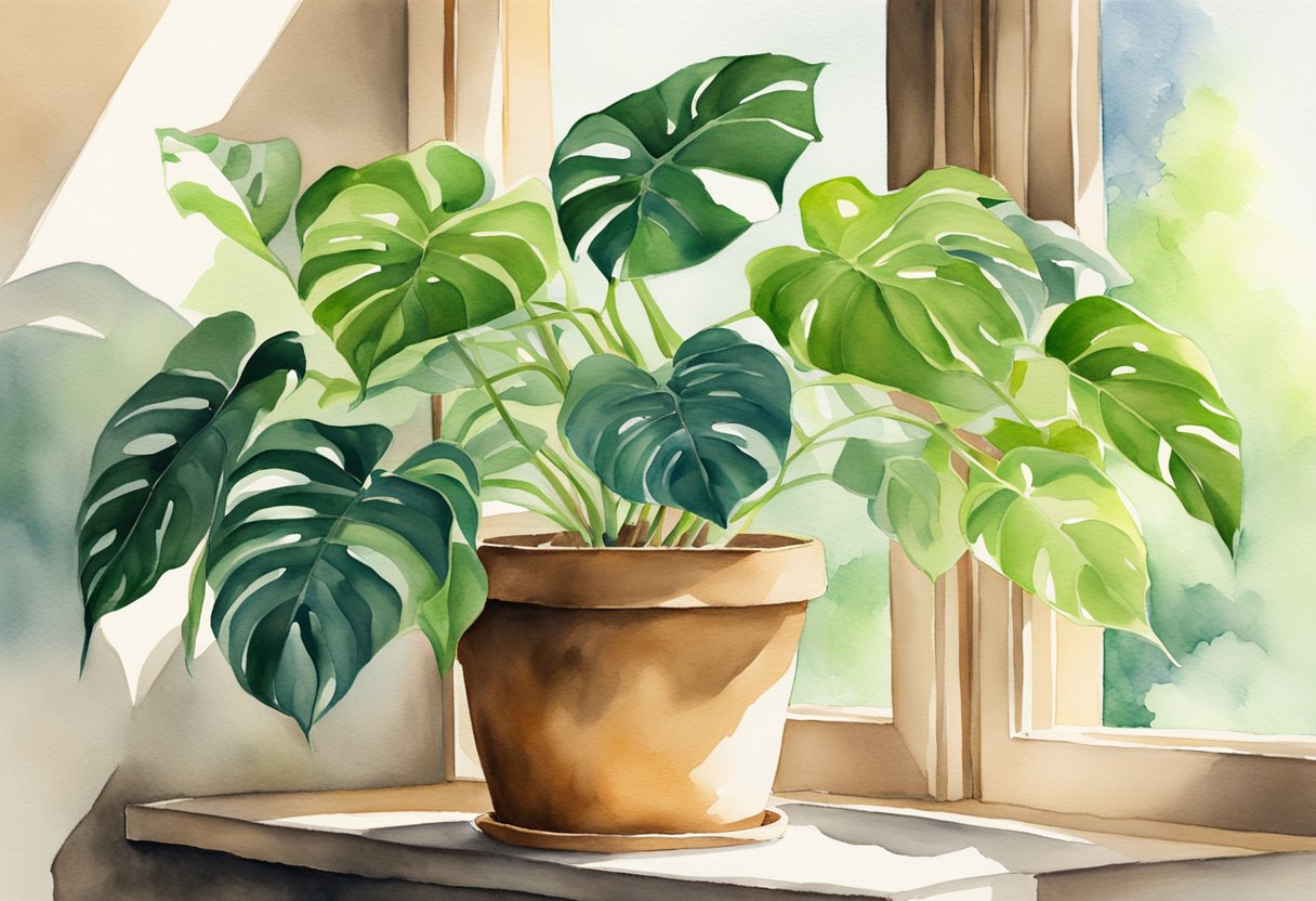 A bright window with dappled sunlight shining on a lush, green philodendron plant in a simple clay pot