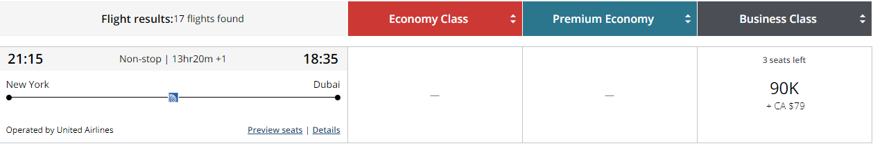 A United Airlines business class flight from Newark to Dubai as seen on Air Canada’s website