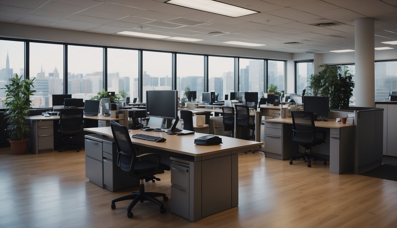 The scene is of a professional office setting with the company logo prominently displayed. A desk with a computer and paperwork is visible, along with a sign indicating "Phillip Credit Licensed Money Lender."