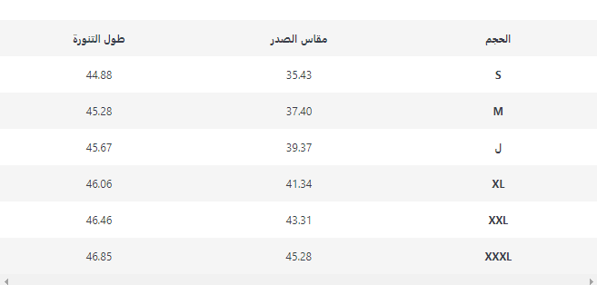 جدول مقاسات فساتين علي اكسبرس