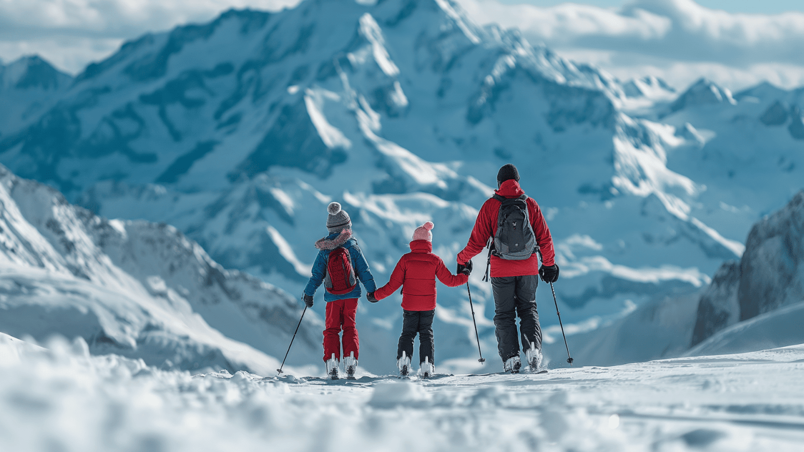 A family treks with ski poles across a snowy landscape