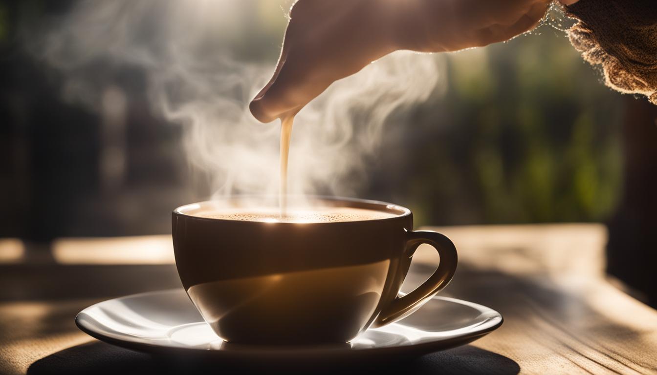 A hand reaching out to receive a steaming cup of coffee from an unseen source, while the surroundings are blurred with motion. The focus is on the cup, which is filled to the brim with frothy goodness, emitting a comforting aroma that envelops the hand that holds it. Rays of sunlight stream in from a nearby window, casting a warm glow on the cup and the hand, creating an atmosphere of tranquility and serenity. The image captures the essence of manifesting small blessings effortlessly, with no effort or struggle required.