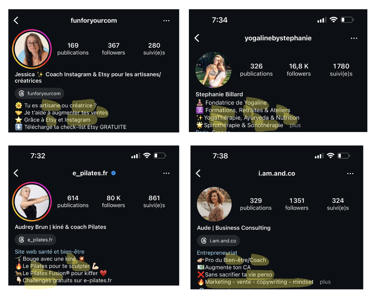 Capture d'écran de 4 profils instagram avec des biographies contenant des mots clés optimisés pour le référencement SEO Instagram.