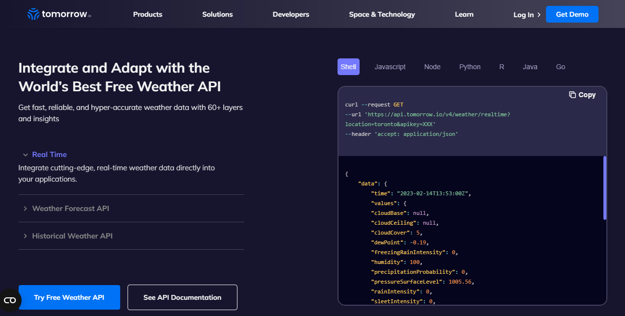 Tomorrow.io API Homepage