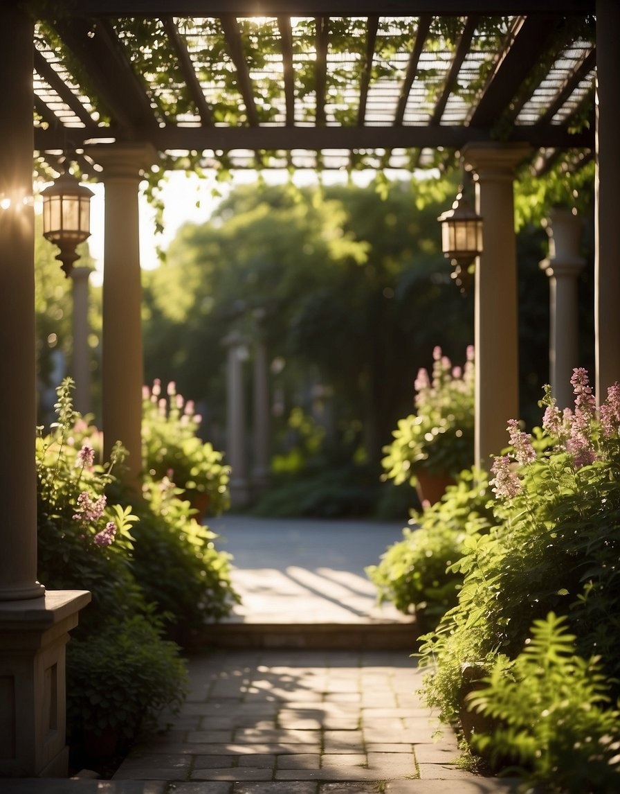 A pergola stands tall with decorative columns, surrounded by lush greenery and blooming flowers. The sun shines down, casting shadows on the intricate design