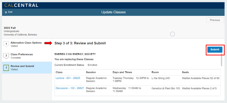 Step 3 of 3: Review and Submit section with "Submit" button emphasized with red box highlight. 