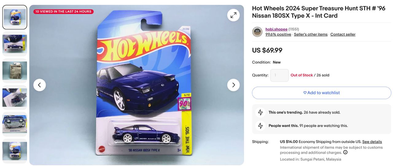 1,042 item Hot Wheels terjual di laman eBay USA 30 hari lalu dengan hasil sebanyak USD 8,460 @ RM39,544.03 sen juga antara barang Malaysia yang laku di eBay