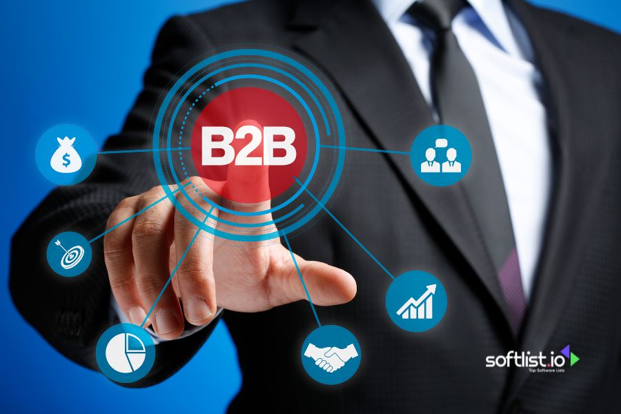 B2B business network with financial and partnership icons displayed.