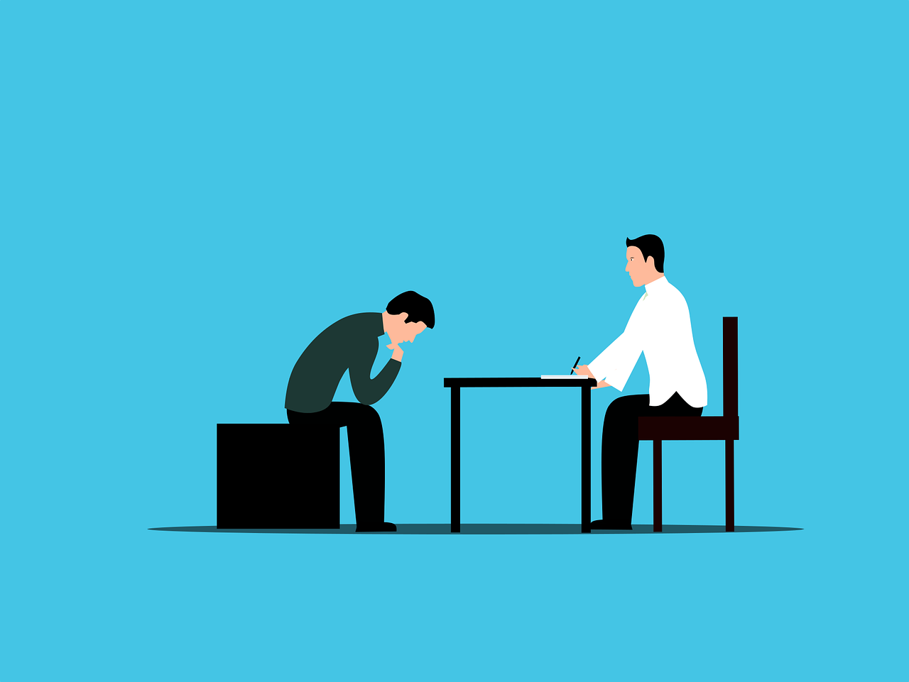 mental health treatment cartoon of two people on either side of a desk