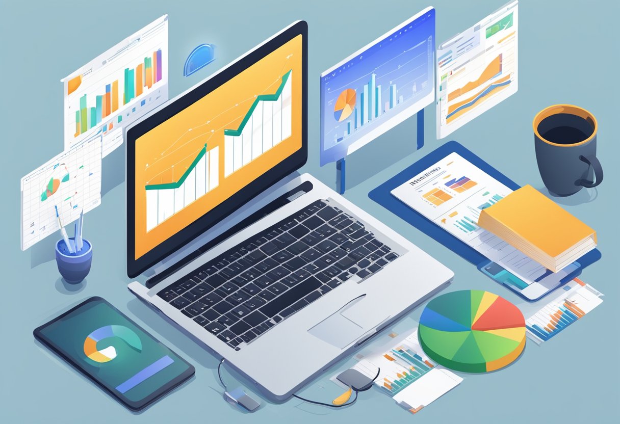 A laptop on a desk with charts and graphs, a phone with notifications, and a calendar with upcoming meetings. A virtual sales conference in the background