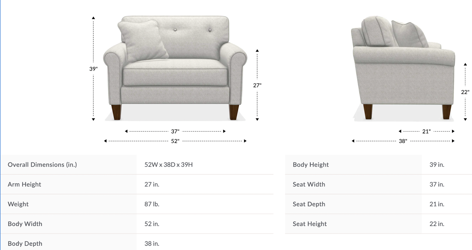 laurel chair and a half dimensions