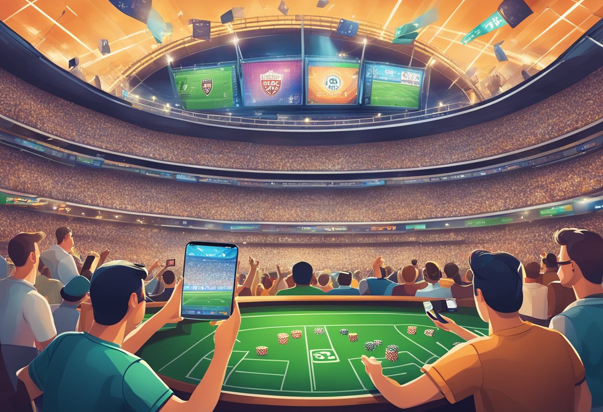 A sports stadium filled with enthusiastic fans, surrounded by online casino logos and advertisements, as they cheer and engage with the game on their mobile devices