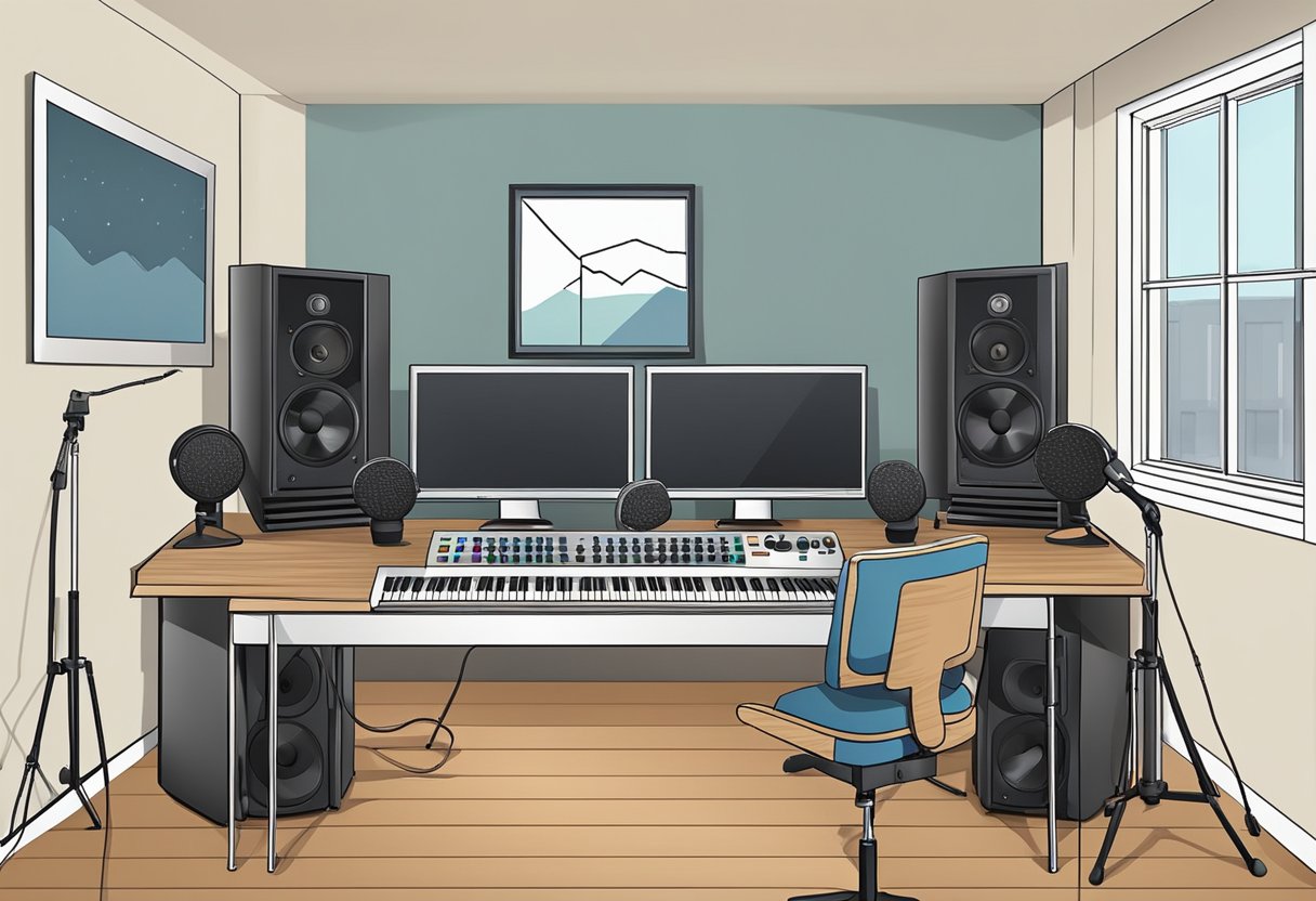 um setup de home studio com interfaces de áudio, controlador midi e monitores de referencia