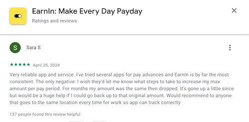 A 5-star Google Play review from an Earnin user who has tried several cash advance apps and likes this one best. 