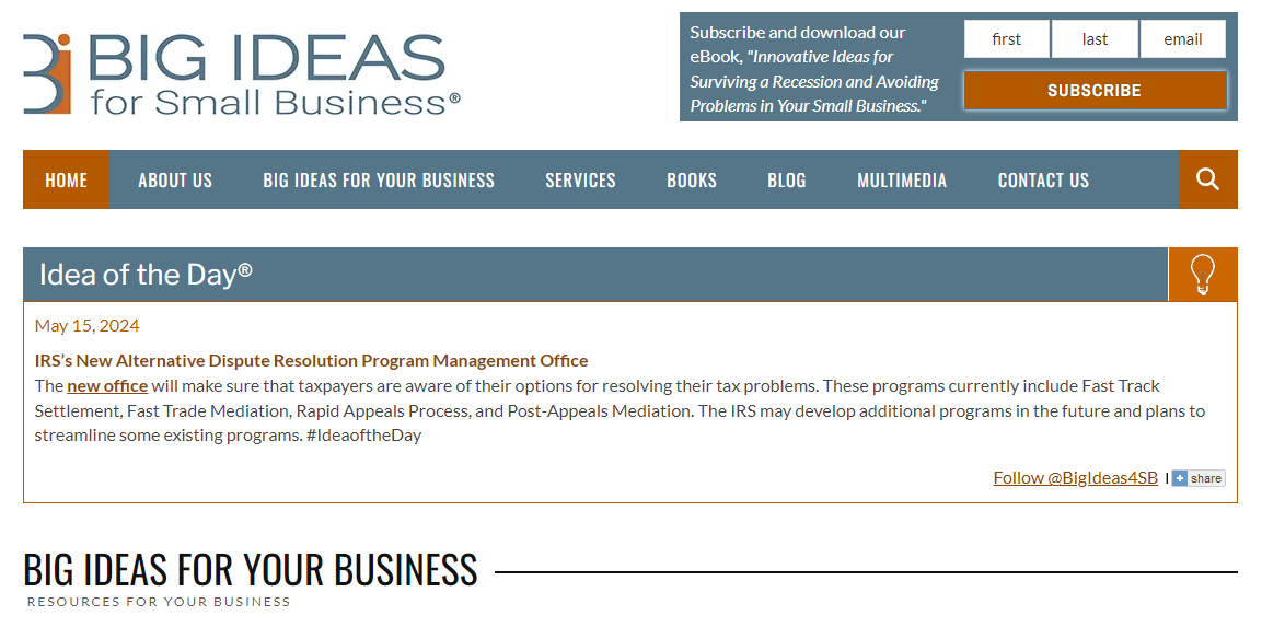 Homepage of Big Ideas For Small Business - one of the best blogs for small businesses