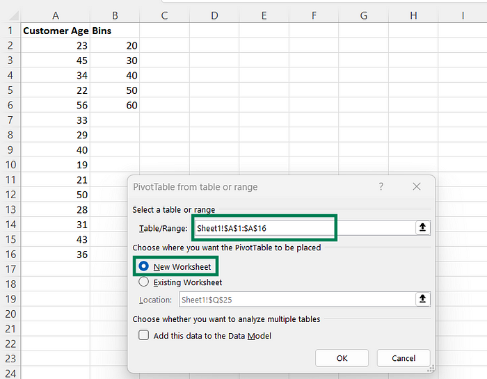 Specifying pivot table parameters