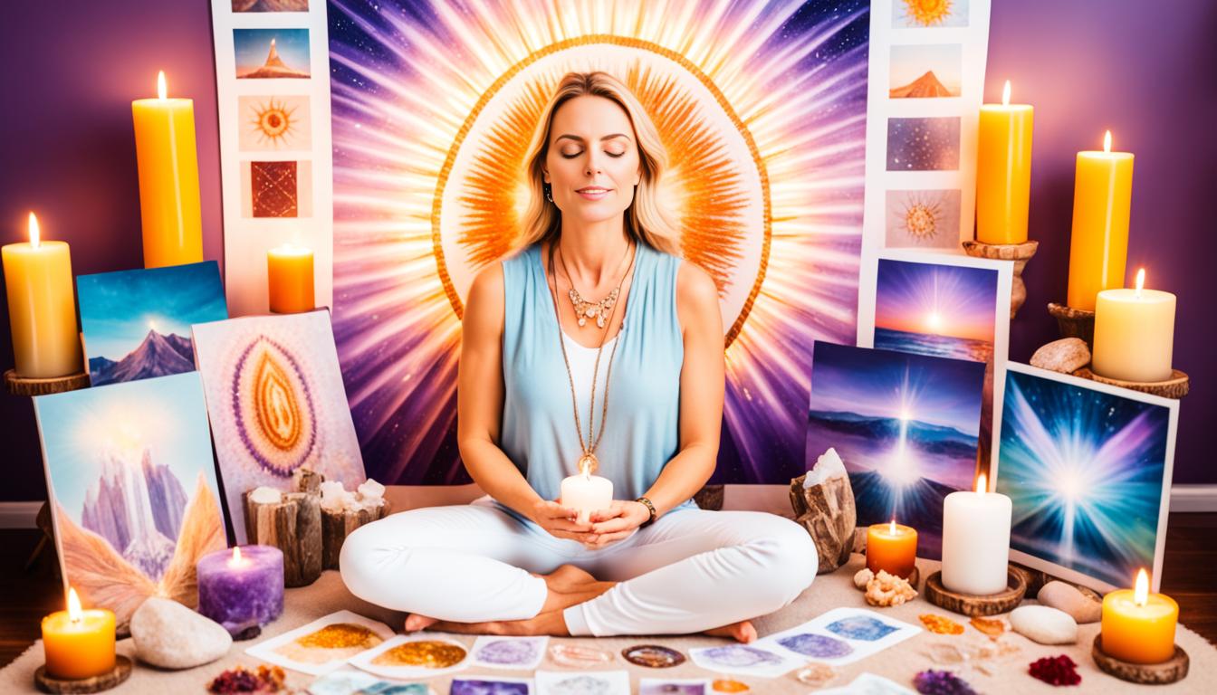 An image of a person sitting in front of a vision board, surrounded by crystals and candles, with their eyes closed and hands placed on their heart, practicing the 369 technique to manifest their desires. The person should appear calm and serene, with rays of golden light emanating from their heart chakra and surrounding them, symbolizing the manifestation of abundance and prosperity. The vision board should be filled with images and affirmations that align with the person's goals and desires, such as a luxurious car, a dream home, or financial freedom. The crystals and candles should represent spiritual energy and connection to the universe, enhancing the power of the manifestation practice.