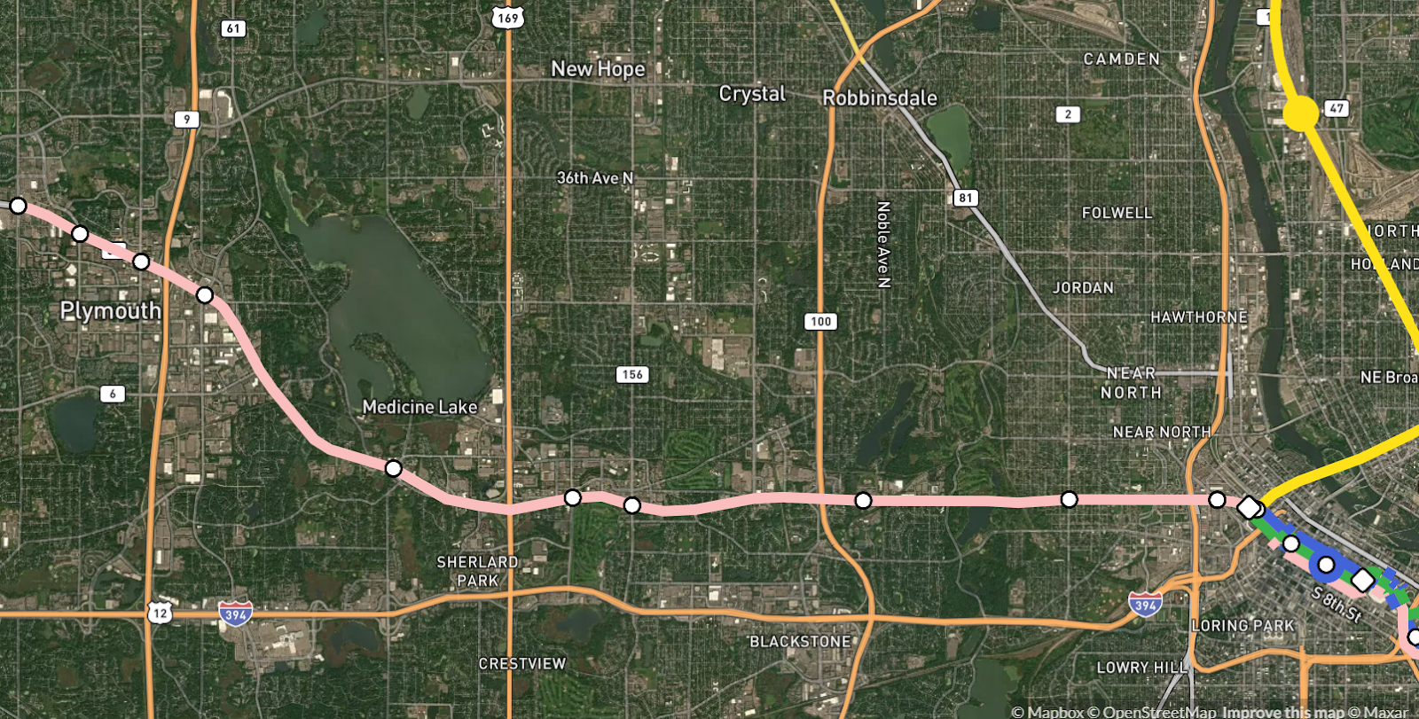 The Pink Line would continue west of Downtown Minneapolis along Highway 55 into Plymouth.