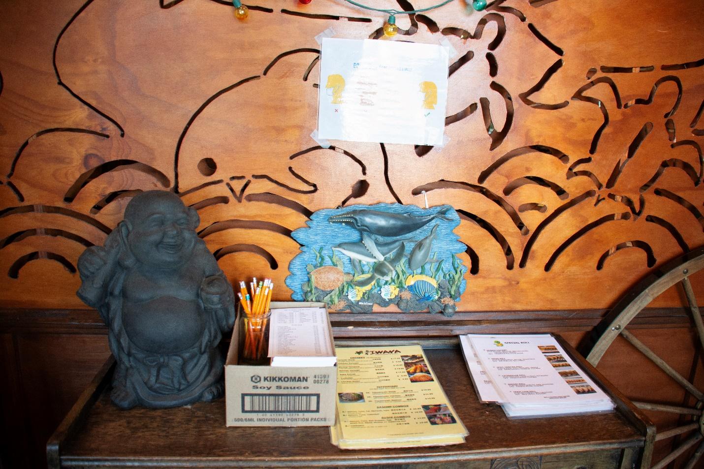 A small statue of a buddha on a desk

Description automatically generated