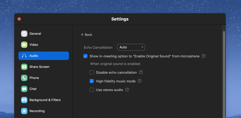 Zoom setting with high-definition video and audio