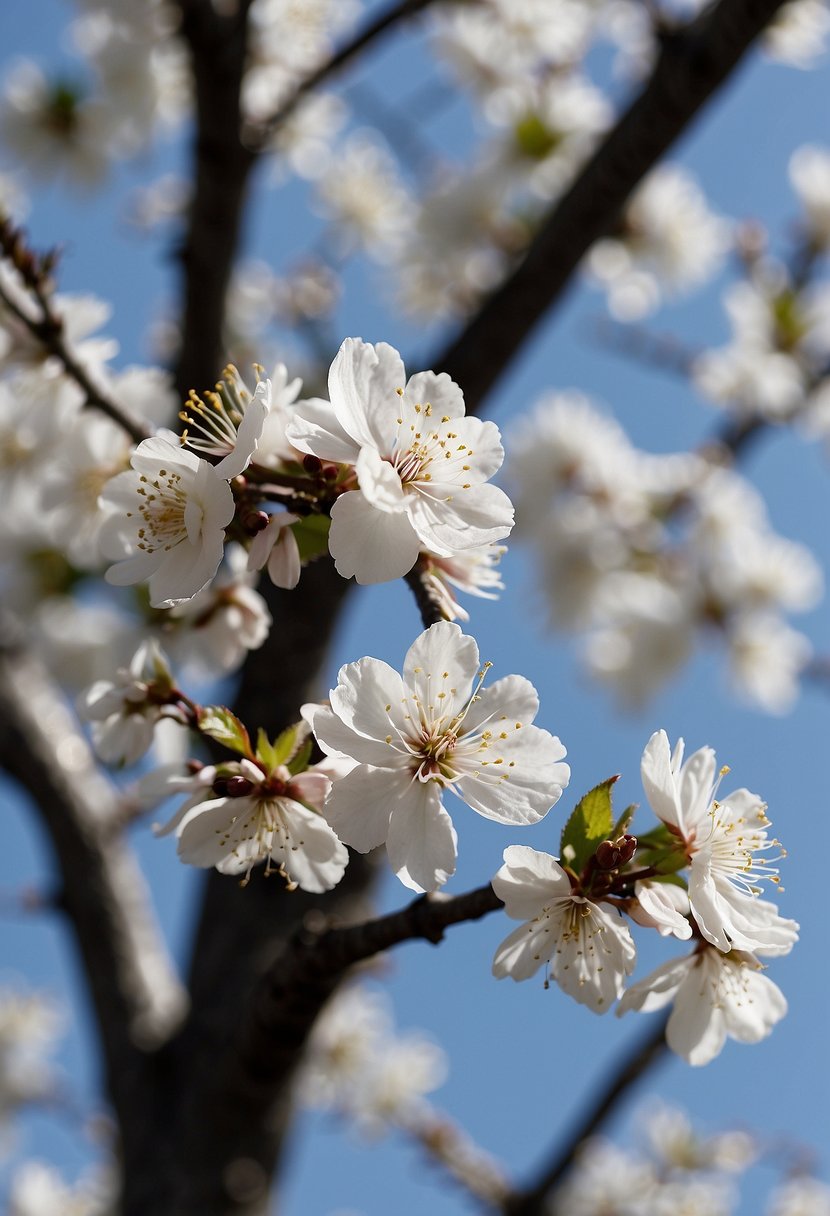 A serene garden with 31 white cherry blossom flowers in full bloom, scattered among the delicate branches, against a clear blue sky