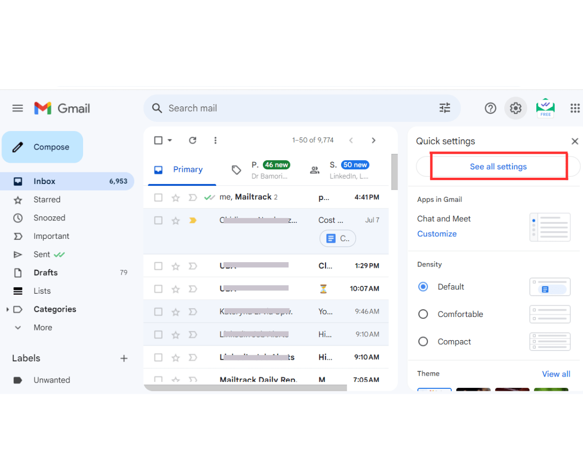 Steps for setting up a Gmail account for follow-up reminders - after clicking settings, click See all settings