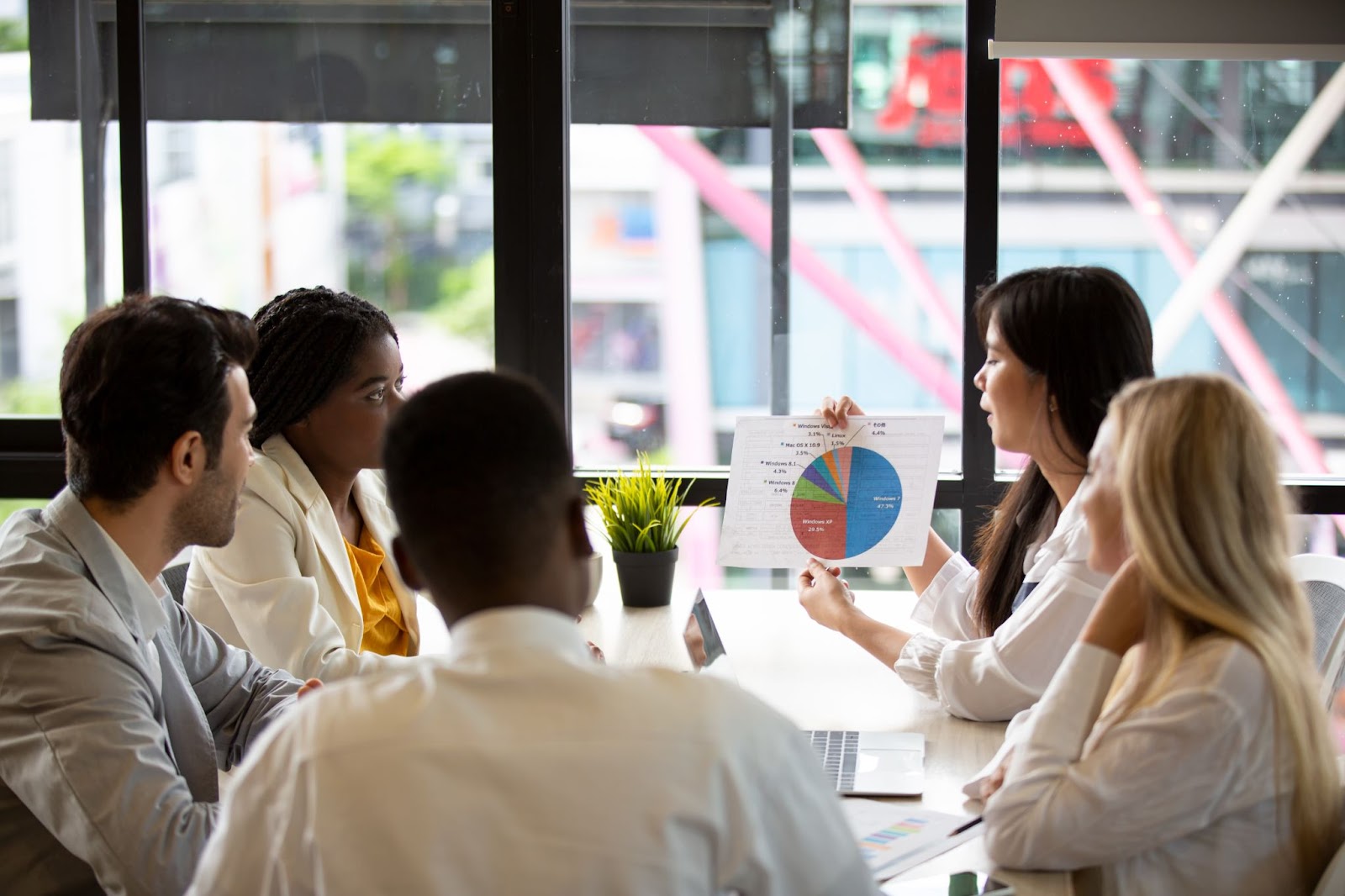 A group of consultants gather around a boardroom to assess risk management strategies. 