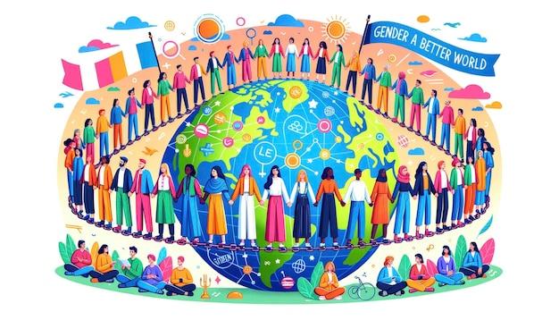 Premium Photo | An illustration of diverse individuals standing together  around a globe emphasizing unity empowerment and the importance of gender  equality for a better world AI Generative