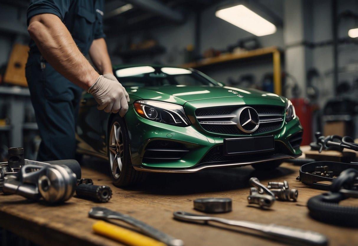 A Mercedes car manual lays open on a workbench, surrounded by various tools and replacement parts. A mechanic's hand reaches for a wrench in the background