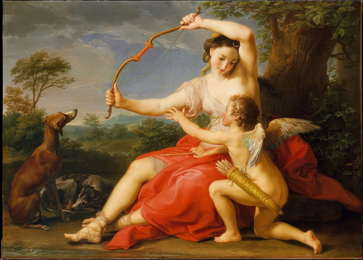 The painting portrays Artemis holding a bow, which she keeps out of Cupid's reach. A brown dog is also present in the scene. 