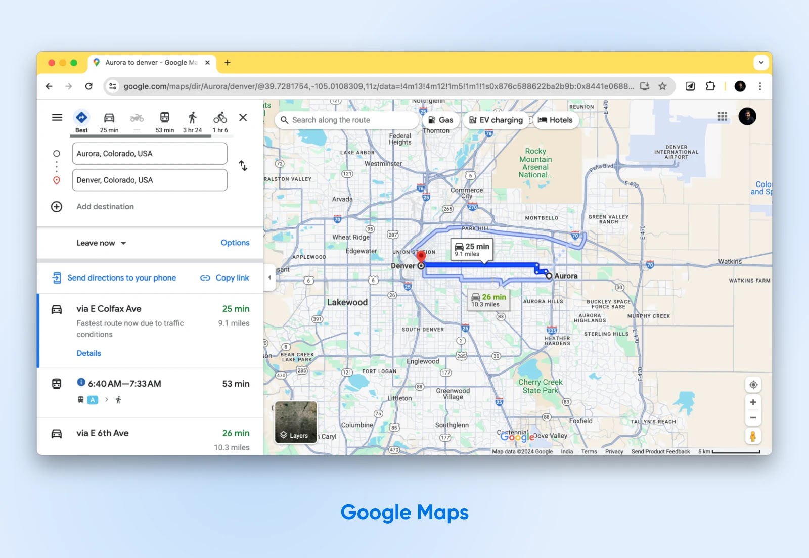 Funciones detalladas de Google Maps que se muestran para una ruta seleccionada que muestra la distancia, la marca roja y el destino.
