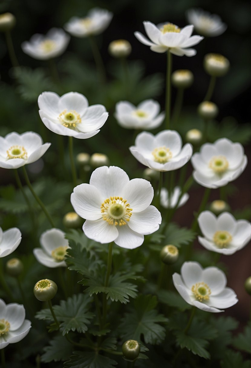 A cluster of 31 white anemone flowers in full bloom, surrounded by lush green foliage and delicate stems