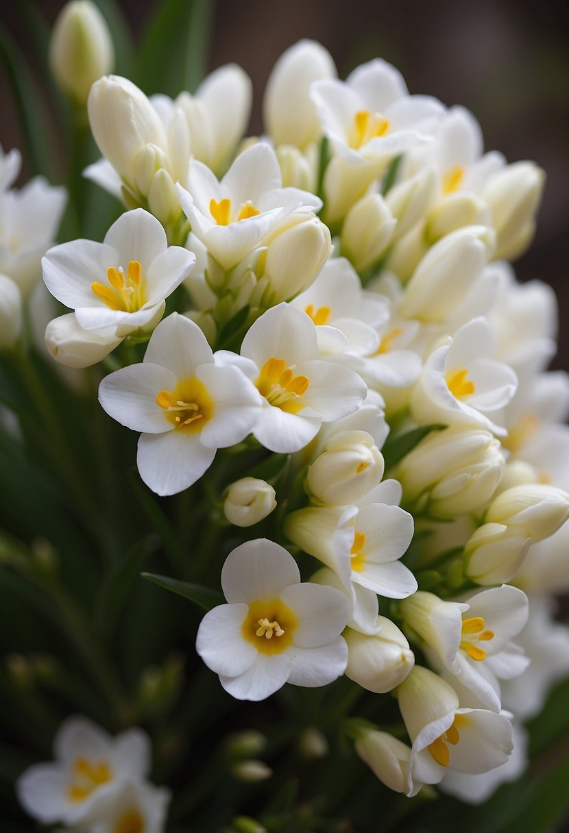 A cluster of white Freesia 31 flowers in full bloom, with delicate petals and a sweet, intoxicating fragrance